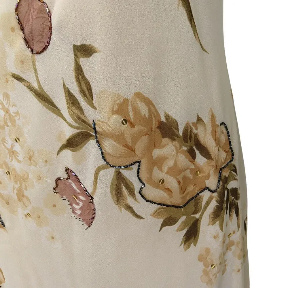 Vintage Y2K Floral Print Bias Cut Maxi Dress Size M Flutter Sleeve Ivory V Neck